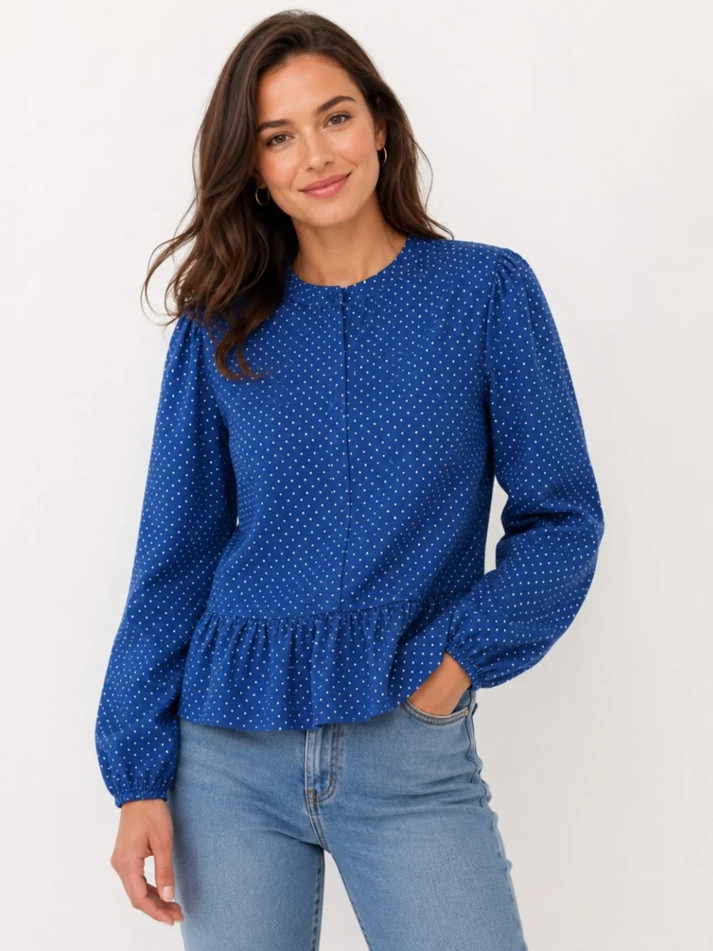NWT J. Crew 100% Silk Peplum Top in Blue Polka Dot, Size 8